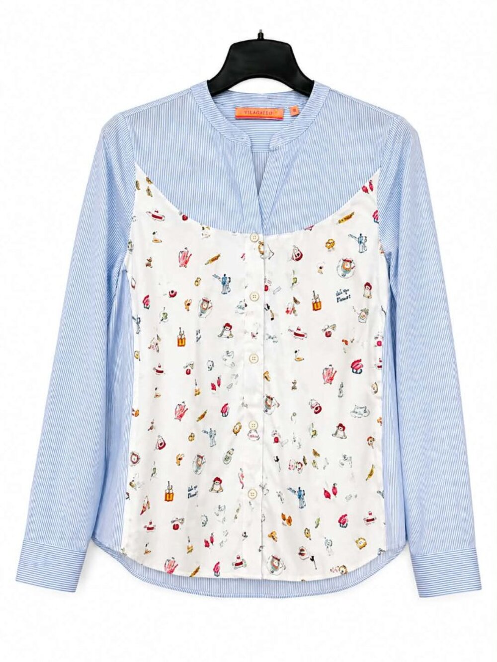 Vilagallo Women’s Blue Stripe Novelty Print Button Front Blouse EU 38.